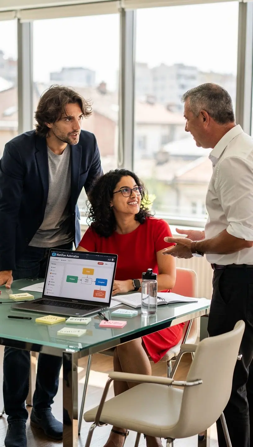 Imagine conceptuală cu roboți software interacționând pentru optimizarea sarcinilor repetitive