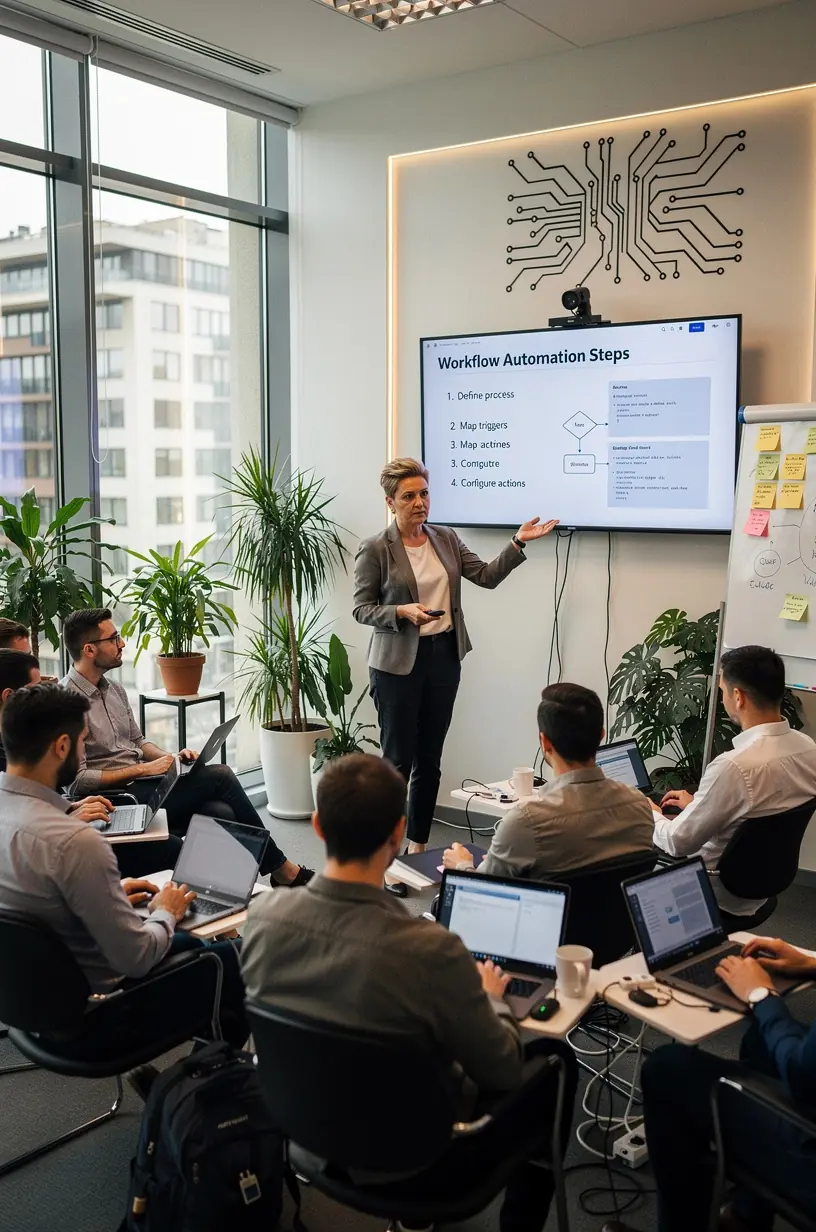 Ecran cu dashboard digital ce monitorizează fluxurile de lucru automatizate în timp real